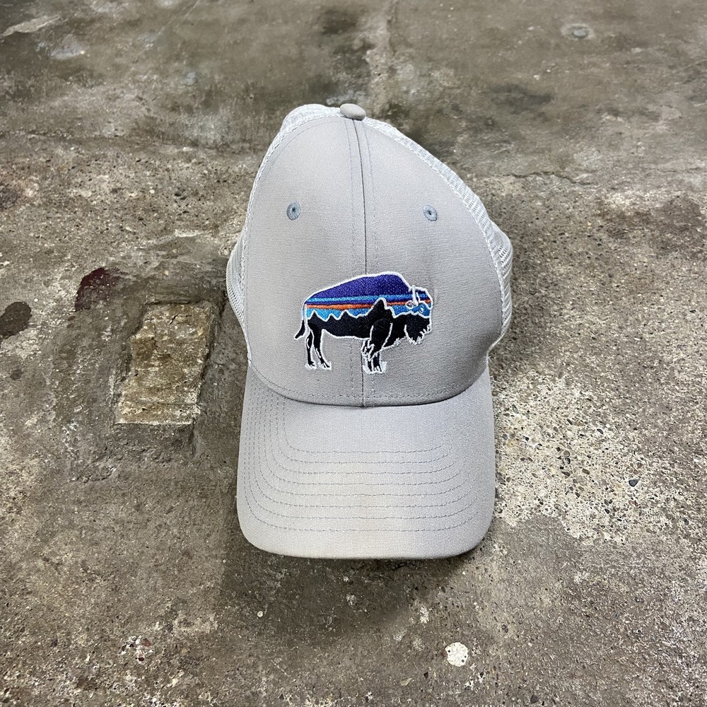 Patagonia Trucker Cap Snap Back Adjustable Gray Fitz Roy Bison Hiking Graphic